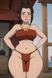 1girls ai_generated avatar_legends avatar_the_last_airbender azula brown_hair female female_only fire_nation gardener_ai lipstick makeup revealing_clothes skimpy solo stable_diffusion swimsuit thick_thighs topknot wide_hips