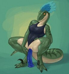 anthro blue_body blue_feathers breasts claws clothing clothing_aside crouching dildo dildo_sitting dinosaur dromaeosaurid feather_hair feathers female front_view genitals green_body green_scales had_my_way hadmyway hi_res ixchel_(velocicopter) masturbation non-mammal_breasts one-piece_swimsuit penetration pseudo_hair pussy reptile scales scalie sex_toy swimwear swimwear_aside talons theropod toe_claws vaginal_masturbation vaginal_penetration velociraptor