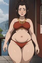 1girls ai_generated avatar_legends avatar_the_last_airbender azula brown_hair female female_only fire_nation gardener_ai lipstick makeup revealing_clothes skimpy solo stable_diffusion swimsuit thick_thighs topknot wide_hips