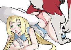 1boy 1boy1girl 1girls 1pokemon ahe_gao all_fours ambiguous_penetration ass balls bent_over blonde_hair breasts censored censored_balls doggy_style female female_human from_behind game_freak green_eyes hat human human_female interspecies knotted knotting lidded_eyes lillie_(pokemon) lugarugan lycanroc male midnight_lycanroc mosaic_censoring nintendo nipples nivi open_mouth panties panties_aside pink_panties pink_underwear pokemon pokephilia sex straight sun_hat sunhat tongue tongue_out white_background