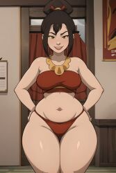 1girls ai_generated avatar_legends avatar_the_last_airbender azula brown_hair female female_only fire_nation gardener_ai lipstick makeup revealing_clothes skimpy solo stable_diffusion swimsuit thick_thighs topknot wide_hips