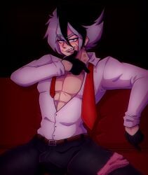 abs black_gloves black_pants blue_eyes grey_hair hickey hickey_marks humanization humanized kiss_marks loquendero loquendo loquendo_youtuber male_only oc open_legs open_mouth open_shirt original_character pecs pectorals pink_underwear potara_earrings red_eyeliner red_tie scar_on_face sharp_teeth sitting_on_couch smug_expression smug_eyes smug_face smug_grin smug_smile storm_(stormstudios) stormstudios teasing_viewer tongue_out underwear untied_tie white_shirt youtube_avatar youtube_hispanic youtuber youtuber_boy