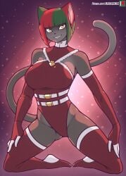 anthro bob_cut buttons cat_ears cat_nose cat_tail christmas curvy_figure green_hair grey_fur marik_azemus34 red_hair short_hair simple_background slender_waist solo tagme tight_clothing two_tone_hair yellow_eyes