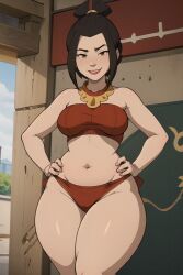 1girls ai_generated avatar_legends avatar_the_last_airbender azula brown_hair female female_only fire_nation gardener_ai lipstick makeup revealing_clothes skimpy solo stable_diffusion swimsuit thick_thighs topknot wide_hips