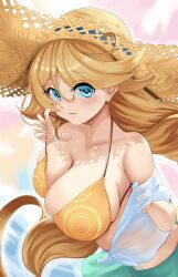 blue_eyes duel_masters duel_masters_play's elena_(duel_masters) huge_breasts pulling_bikini_string see-through_clothing skindentation skirt straw_hat swimsuit upper_body white_clothing