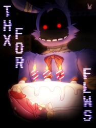 animatronic anthro bandage bandaged_arm bodily_fluids bow_tie cake candle celebration dessert digital_drawing_(artwork) digital_media_(artwork) faceless_character fire five_nights_at_freddy's five_nights_at_freddy's_2 food food_fetish food_play fur genital_fluids genitals hi_res hornbunxx lagomorph leporid machine male male_only mammal penis precum purple_body purple_fur rabbit red_eyes robot scottgames solo teeth text watermark withered_bonnie