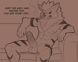 anthro arcanine azoomer balls biped bodily_fluids canid canine digital_media_(artwork) erection fur generation_1_pokemon genitals male male_only mammal monochrome nintendo nipples nude penis pokemon pokemon_(species) simple_background smoking solo text windie