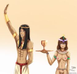 1boy 1girls black_hair brown_hair concubine consensual cup egyptian egyptian_clothes female femsub happy hi_res male nipples nude nude_female orientalism original original_characters pharaoh pink_nipples pussy slave slavegirl