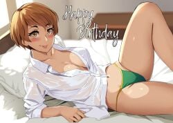 1girls :p blush breasts brown_eyes brown_hair cleavage clothing female female_only green_panties happy_birthday human lainart looking_at_viewer medium_breasts megami_tensei pale_skin panties persona persona_4 satonaka_chie shirt short_hair smile solo tomboy tongue tongue_out unbuttoned_shirt underwear