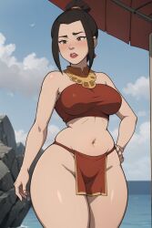 1girls ai_generated avatar_legends avatar_the_last_airbender azula brown_hair female female_only fire_nation gardener_ai lipstick loincloth makeup pelvic_curtain revealing_clothes skimpy solo stable_diffusion swimsuit thick_thighs topknot wide_hips