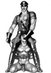 bdsm_gear black_and_white bondage dominant domination fetish gay gay_anal gay_domination gay_sex homosexual leather leather_gloves male_only masculine master master_and_slave muscles muscular muscular_male police_uniform shoving slave submissive submissive_male tom_of_finland vintage whip