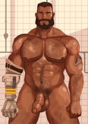 balls bara barret_wallace beard black_hair body_hair dark-skinned_male dark_skin facial_hair final_fantasy final_fantasy_vii flaccid hudsona male male_only muscles muscular nude penis prosthetic_arm solo solo_male sweat sweating