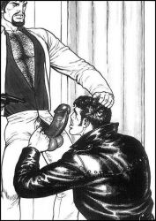 black_and_white blowjob forced_blowjob gay gay_anal gay_blowjob gay_domination gay_sex gun hairy hairy_chest hairy_male holding_hair homosexual leather leather_jacket male_only masculine muscles muscular muscular_male threatening tom_of_finland vintage