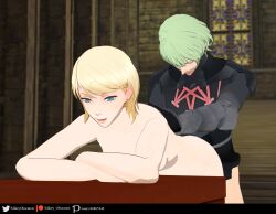 1boy 1girls 3d bent_over blonde_hair blue_eyes breasts byleth_(fire_emblem) byleth_(fire_emblem)_(male) completely_nude ear_piercing female fire_emblem fire_emblem:_three_houses green_hair male mikey_obscurest nintendo nude nude_female piercing sex short_hair small_breasts yumizuru_eleanora