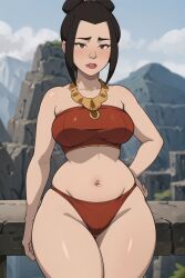 1girls ai_generated avatar_legends avatar_the_last_airbender azula brown_hair female female_only fire_nation gardener_ai lipstick makeup revealing_clothes skimpy solo stable_diffusion swimsuit thick_thighs topknot wide_hips