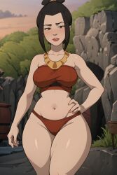 1girls ai_generated avatar_legends avatar_the_last_airbender azula brown_hair female female_only fire_nation gardener_ai lipstick makeup revealing_clothes skimpy solo stable_diffusion swimsuit tagme thick_thighs topknot wide_hips