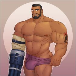 balls bara barret_wallace beard beefburner black_hair bulge dark-skinned_male dark_skin facial_hair final_fantasy final_fantasy_vii flaccid male male_only muscles muscular penis prosthetic_arm solo solo_male underwear underwear_only undressing