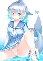 1girls :d absurdres anime_style bad_id bad_pixiv_id blowhole blue_dress blue_eyes blue_hair blush blush blushing_at_viewer breasts censored censored_genitalia censored_pussy cetacean cetacean_tail character_name collar collarbone commentary common_bottlenose_dolphin_(kemono_friends) completely_nude contrapposto cowboy_shot digital_media_(artwork) dolphin dolphin_girl dorsal_fin female female female_only fins fish fish_tail gradient_hair grey_hair hair_between_eyes hand_on_own_hip hand_up happy highres hybrid japari_symbol kanzakietc kemono_friends light-skinned light-skinned_female light_skin looking_at_viewer mammal mammal_humanoid multicolored_hair navel nipples no_bra no_panties no_sex one_eye_closed open_mouth pale pale-skinned_female pale_skin photoshop_(medium) pussy sailor_uniform simple_background sitting small_breasts smile solo spread_legs tail tongue tongue_out vagina water white_background