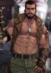 bara barret_wallace beard black_hair dark-skinned_male dark_skin facial_hair final_fantasy final_fantasy_vii jacket male male_only maorenc muscles muscular open_jacket pants prosthetic_arm solo solo_male