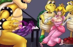 blonde_hair bowser breasts claws cleavage cocknosis collarbone crown dress drool earrings erection eyebrows_visible_through_hair femsub gloves green_koopa_troopa huge_breasts huge_cock hypnosis hypnotico koopa_troopa lizard_boy long_hair maledom mario_(series) muscle_boy nintendo nipples open_mouth opera_gloves penis pink_eyes princess princess_peach red_koopa_troopa sharp_teeth signature simple_background smile spiral_eyes standing super_mario_bros. super_mario_bros._(2023_film) symbol_in_eyes tagme tongue tongue_out undressing veins