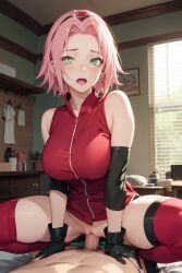 ai_generated aigeneratedp cowgirl_position haruno_sakura looking_at_viewer male_pov naruto naruto_shippuden pov pov_eye_contact riding riding_penis sakura_haruno squatting squatting_cowgirl_position