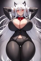 ai_generated animal_ears armpits black_pants black_vest cerberus_(helltaker) helltaker huge_breasts huge_thighs large_breasts large_thighs looking_at_viewer stable_diffusion thick_thighs vest white_hair wide_hips wide_thighs yo_dayo_(ai)