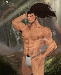 2021 arm_behind_head armpit_hair beard blush brown_hair bulge facial_hair fundoshi hairy hairy_arms hairy_chest hi_res highres league_of_legends looking_at_viewer male_nipples male_pubic_hair muscular_legs muscular_thighs nipples ppssan057 riot_games scar solo_male yasuo