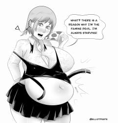 1girls bbw belly big_belly big_breasts breasts chainsaw_man cleavage dialogue eating elliotpeste elpeste fami_(chainsaw_man) fat female food huge_breasts nipple_bulge overweight text thick_thighs wardrobe_malfunction weight_gain