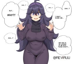 breasts busty curvaceous curvy dress english_text hex_maniac horny huge_breasts imminent_rape looking_at_viewer nintendo pokemon purple_hair reviruu solo sweat text_bubble voluptuous