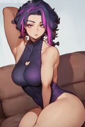 1girls ai_generated amiral_ai armpits backless_outfit breasts cutesexyrobutts_(style) cutesexyrobutts_ai_artstyle_imitation female female_only hourglass_figure kaina_tsutsumi lady_nagant large_breasts leotard light-skinned_female light_skin my_hero_academia presenting_armpit purple_hair short_hair slim_waist thick_thighs thighs toned toned_female