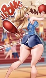 1girls ass ass_smack ball balls bibimbodaily closed_eyes dodgeball english_text female gym gym_uniform multiple_girls open_mouth original original_character pain short_shorts shorts