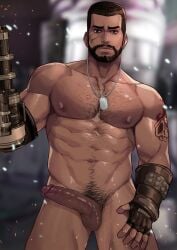 balls bara barret_wallace beard black_hair boner dark-skinned_male dark_skin erection facial_hair final_fantasy final_fantasy_vii male male_only maorenc muscles muscular nude penis prosthetic_arm solo solo_male