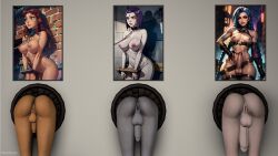 3d 3futas ai_generated ass ass_focus dc dc_comics futa_only futanari intersex jinx_(league_of_legends) league_of_legends meadough poster raven_(dc) starfire stuck_in_wall teen_titans