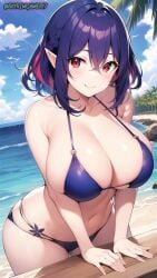 1girls ai_generated beach bikini close-up clouds curvaceous curvy_body curvy_female female_only high_resolution highres huge_breasts kinsou_no_vermeil looking_at_viewer milf nai_diffusion ocean outdoors palm_tree pointy_ears pov purple_hair red_eyes smiling_at_viewer stable_diffusion string_bikini succubus vermeil vermeil_(kinsou_no_vermeil) vermeil_in_gold voluptuous voluptuous_female