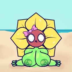 background beach breasts breasts_out embarrassed female female_focus female_only flower looking_at_viewer naked nervous petal_(screwroot) plant plant_girl plant_humanoid screwroot sea sky stuck stuck_in_sand sunflower water