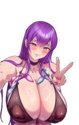 1girls big_breasts bikini breasts busty condom cum_in_condom curvaceous curvy curvy_body curvy_female curvy_figure female filled_condom heart-shaped_pupils huge_breasts jinmeii large_breasts long_hair original original_character peace_sign purple_hair smile smiling smiling_at_viewer used_condom voluptuous