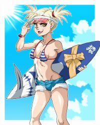 2023 bikini_top bleach blonde_hair blumper3 curvy curvy_figure female_focus female_only hiyori_sarugaki hotpants pale-skinned_female pale_skin sarugaki_hiyori shiny_skin small_breasts surfboard swimsuit twintails yellow_eyes