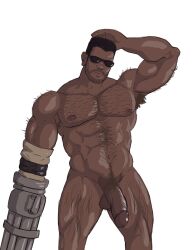 balls bara barret_wallace beard black_hair body_hair dark-skinned_male dark_skin dojaik facial_hair final_fantasy final_fantasy_vii flaccid male male_only muscles muscular nude penis prosthetic_arm solo solo_male