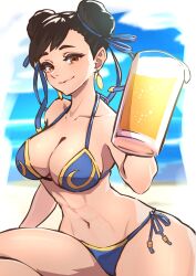 1girls :3 abs alcohol alternate_costume ap_cammy beach beer beer_glass bikini blush breasts brown_eyes brown_hair capcom chun-li drink earrings female female_only food fruit fully_clothed hair_bun hidden_hand jewelry large_breasts lemon lemon_slice looking_at_viewer mature mature_female mature_woman navel offering offering_drink oppai smile solo street_fighter street_fighter_6 swimsuit thick_thighs thighs voluptuous