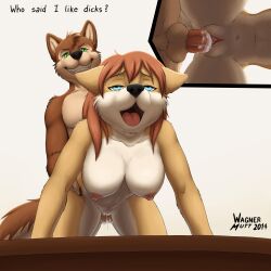 absurd_res anthro anthro_only bent_over bent_over_furniture bent_over_table blue_eyes bodily_fluids brown_body brown_fur canid canine canis cum cum_in_pussy cum_inside dialogue domestic_dog duo eye_roll female female_penetrated from_behind_position fur gay_to_straight genital_fluids green_eyes hi_res male male/female male_penetrating male_penetrating_female mammal mutt_(wagnermutt) orientation_play penetration question_mark sex simple_background smug_face speech_bubble talking_to_viewer tongue tongue_out unknown_character vaginal_penetration wagnermutt white_background