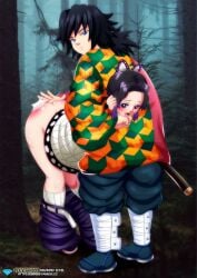 1boy 1girls bare_ass black_hair blue_eyes blush butterfly demon_slayer forest_background gyushino head_hold kimetsu_no_yaiba kochou_shinobu long_hair looking_back no_panties open_mouth palcomix pants_down purple_eyes red_ass spanking sword tomioka_giyuu tree