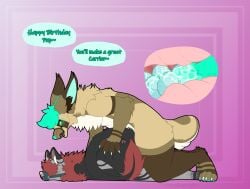 absurd_res alien alien_hybrid anthro big_belly big_ears birthday birthday_sex canid canine canis cody_the_fennec dialogue duo egg egg_implantation fennec fennec_hybrid fox genitals gift hi_res hybrid hybrid_genitalia larger_male larger_top male male/male mammal mars_the_wolf muzzle_(object) muzzled oviposition pigeongamingart scratch_mark scratches scratching sex simple_background speech_bubble wolf