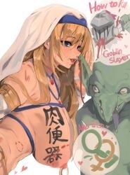 1girls bite_mark bite_marks blonde_hair blue_eyes body_writing female_focus femsub goblin goblin_male goblin_slayer goblin_slayer_(goblin_slayer) huge_breasts long_hair mamimi_(artist) mamimi_(mamamimi) netorare nipple_rings nipples size_difference stray_pubic_hair sword_maiden_(goblin_slayer)