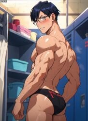 1boy ai_generated ass ass_focus ass_view blush blushing_at_viewer blushing_male bobsi fluids gay male male_only muscular muscular_arms muscular_male my_hero_academia tenya_iida underwear underwear_only yaoi