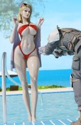 1boy 1girls 3d batesz big_breasts bikini blonde_hair breasts cameltoe cleavage eyewear_on_head final_fantasy final_fantasy_vii final_fantasy_vii_remake huge_breasts large_breasts light-skinned_female light-skinned_male light_skin mature_female outdoors pool scarlet_(ffvii) shinra_guard skimpy skimpy_bikini skimpy_swimsuit skimpy_swimwear sunglasses_on_head swimsuit tight_bikini tight_clothing wet wet_body wet_panties wet_skin