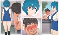 1boy 1girls 2022 3d 4koma age_difference ayanami_rei back black_eyes blue_hair blush breasts brown_hair comic dark-skinned_male dark_skin erect_nipples erect_nipples_under_clothes expressionless female hi_res high_resolution highres looking_at_another male neon_genesis_evangelion original red_eyes rei_ayanami school_uniform skirt smile socks student teacher vyrus_smith