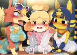 2023 animal_crossing ankha ankha_(animal_crossing) anthro audie_(animal_crossing) balls biped black_eyes blush bodily_fluids canid canine canis censor_bar censored clothing dagasi domestic_cat domestic_dog erection felid feline felis female frown fur furry genitals group hi_res ineffective_censorship isabelle_(animal_crossing) male mammal nintendo nipple_outline open_mouth orange_body orange_fur penis portal portal_penis raymond_(animal_crossing) sasha_(animal_crossing) sweat wolf yellow_body yellow_fur