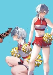 2boys absurdres alternate_costume bar_censor black_panties blue_background blush bulge censored cheerleader collared_shirt commentary_request cropped_shirt crossdressing erection erection_under_clothes feet_out_of_frame grey_hair hair_between_eyes hair_intakes hand_on_own_hip highres holding idolmaster idolmaster_side-m kizaki_ren large_penis long_hair male_focus midriff miniskirt multiple_boys multiple_views navel omiyacha panties penis penis_awe pom_pom_(cheerleading) ponytail red_shirt red_skirt shadow shirt sidelocks simple_background skirt sleeveless sleeveless_shirt socks sound_effects squatting sweatdrop thighs two-tone_shirt two-tone_skirt underwear white_shirt white_skirt white_socks yaoi yellow_eyes