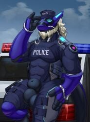 3_fingers animal_genitalia anthro balls big_balls car clothed clothing digital_media_(artwork) dragon eastern_dragon genitals gun hair handgun heart hi_res kobold looking_at_another looking_at_viewer male muscular muscular_anthro muscular_male piercing police police_car police_hat police_uniform ranged_weapon ring_piercing sheath solo synth_(vader-san) tail tall_lizzard_(artist) tipping_hat topwear uniform vehicle weapon