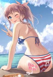 ;p american_flag_bikini ass back_view bang_dream! behind_view big_ass bikini blue_eyes brown_hair clouds huge_ass looking_at_viewer looking_back ocean one_eye_closed peace_sign plump plump_ass sea sky sunblock sunscreen sunscreen_in_ass tagme tongue tongue_out viewed_from_behind wink winking_at_viewer writing_on_ass writing_on_body yamabuki_saaya